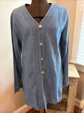 Cami Denim Blue Chambray Tunic Blouse Pintuck Details Boho Shell Buttons Size 10